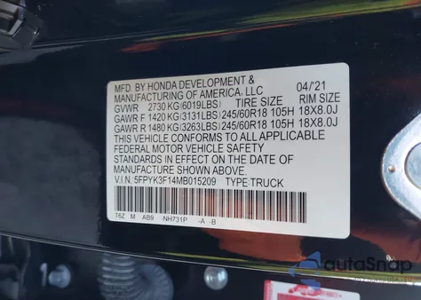 2021 Honda Ridgeline Awd Sport из США, поврежденный, VIN 5FPYK3F14MB015209